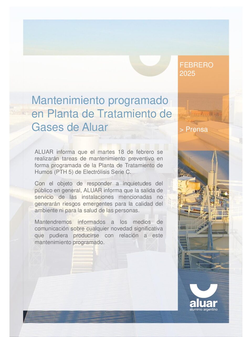 Mantenimiento programado Aluar – Martes 18 de febrero 2025