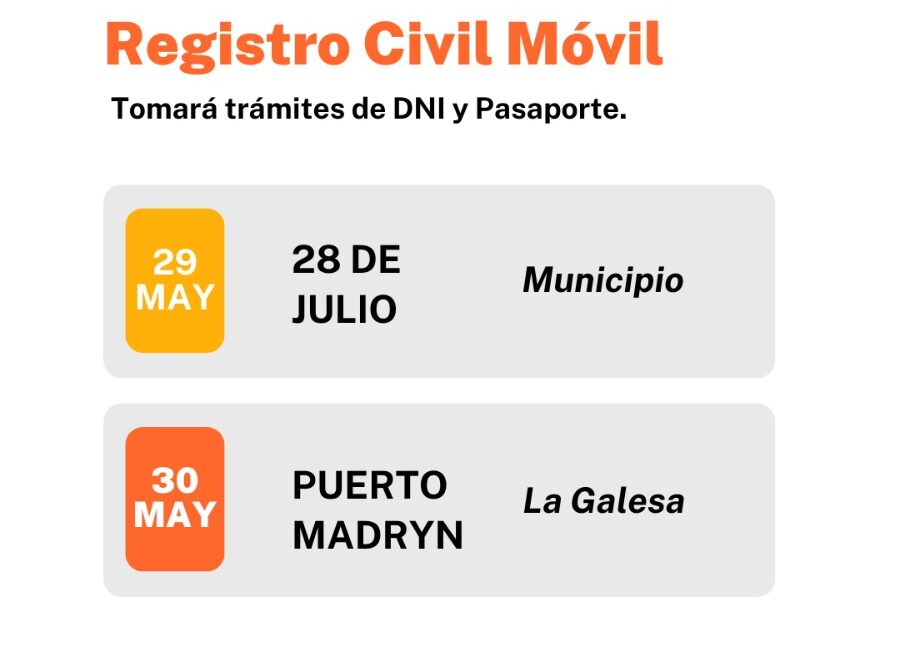 El Registro Civil Móvil estará esta semana en 28 de Julio y Puerto Madryn