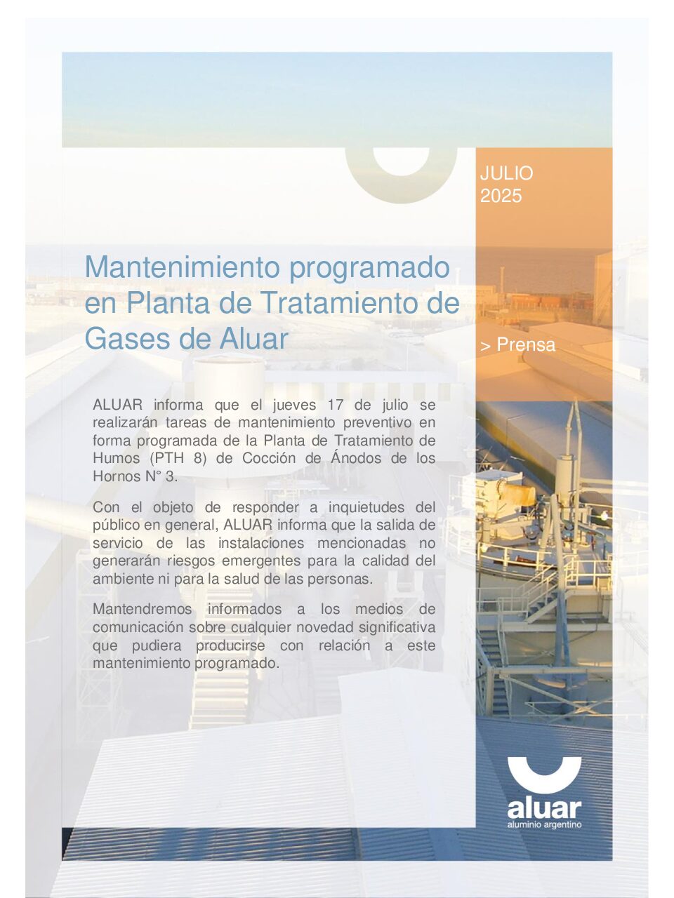 Mantenimiento programado Aluar – Jueves 17 de julio