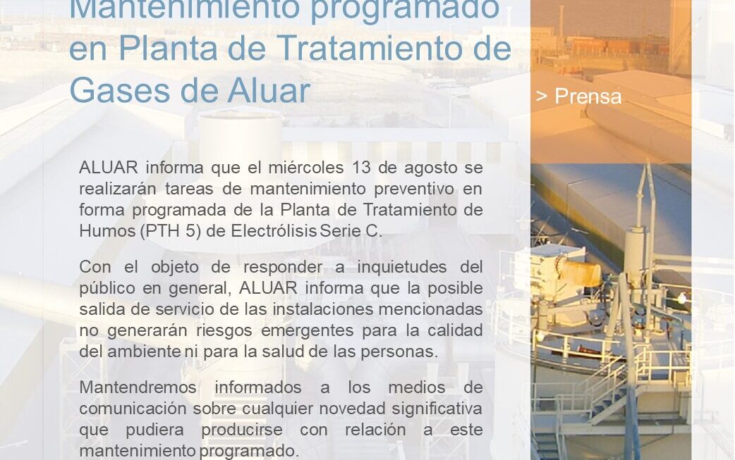 Mantenimiento programado Aluar – Miércoles 13 de agosto