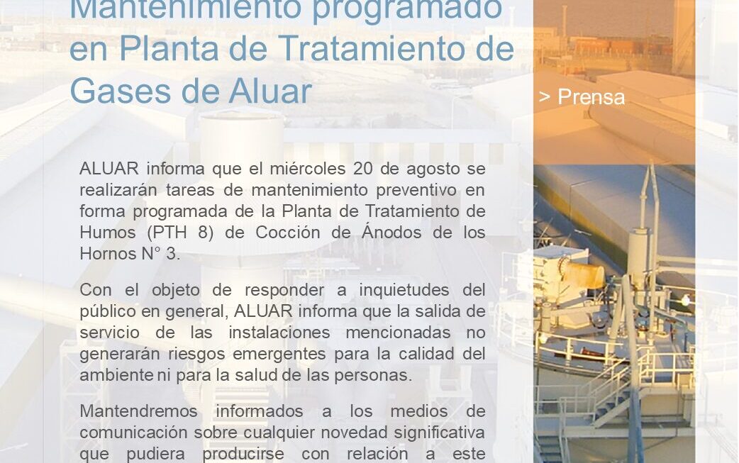 Mantenimiento programado Aluar – Miércoles 20 de agosto