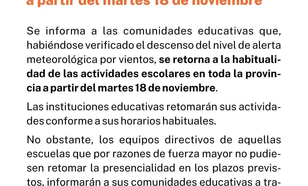 Provincia confirmó que este martes habrá actividades habituales en todas las escuelas del Chubut