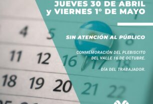 Jueves 30 de abril y viernes 1° de mayo, sin atención al público
